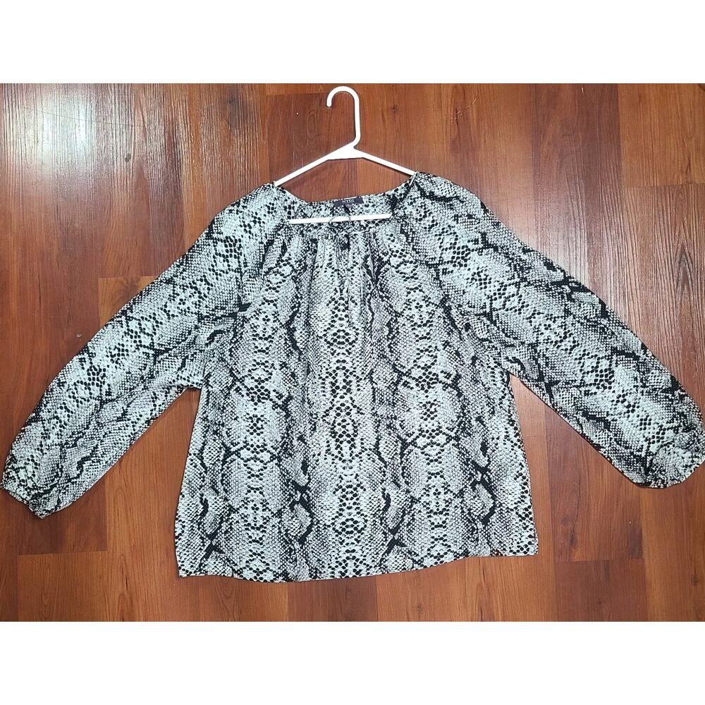NYDJ Women's Blouse Gray Black Snake Print Long Sleeve Tie Neck Size Large